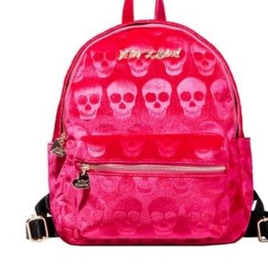 Betsey Johnson velvet skull backpack pink